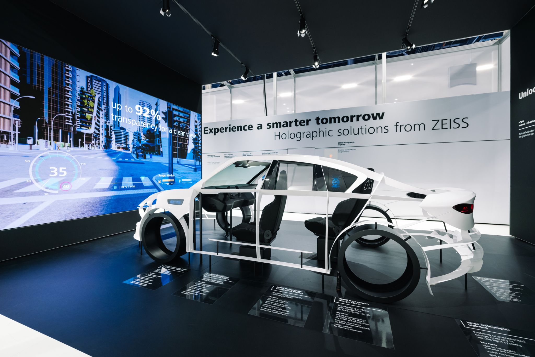 ZEISS holographic solutions exhibit — transparent vehicle demonstrator showing holographic display, lighting and sensing